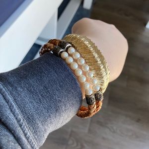 Lot Of 2 Vintage Signed Monet Faux Pearl And Gold Tone Feather Bangle Bracelets